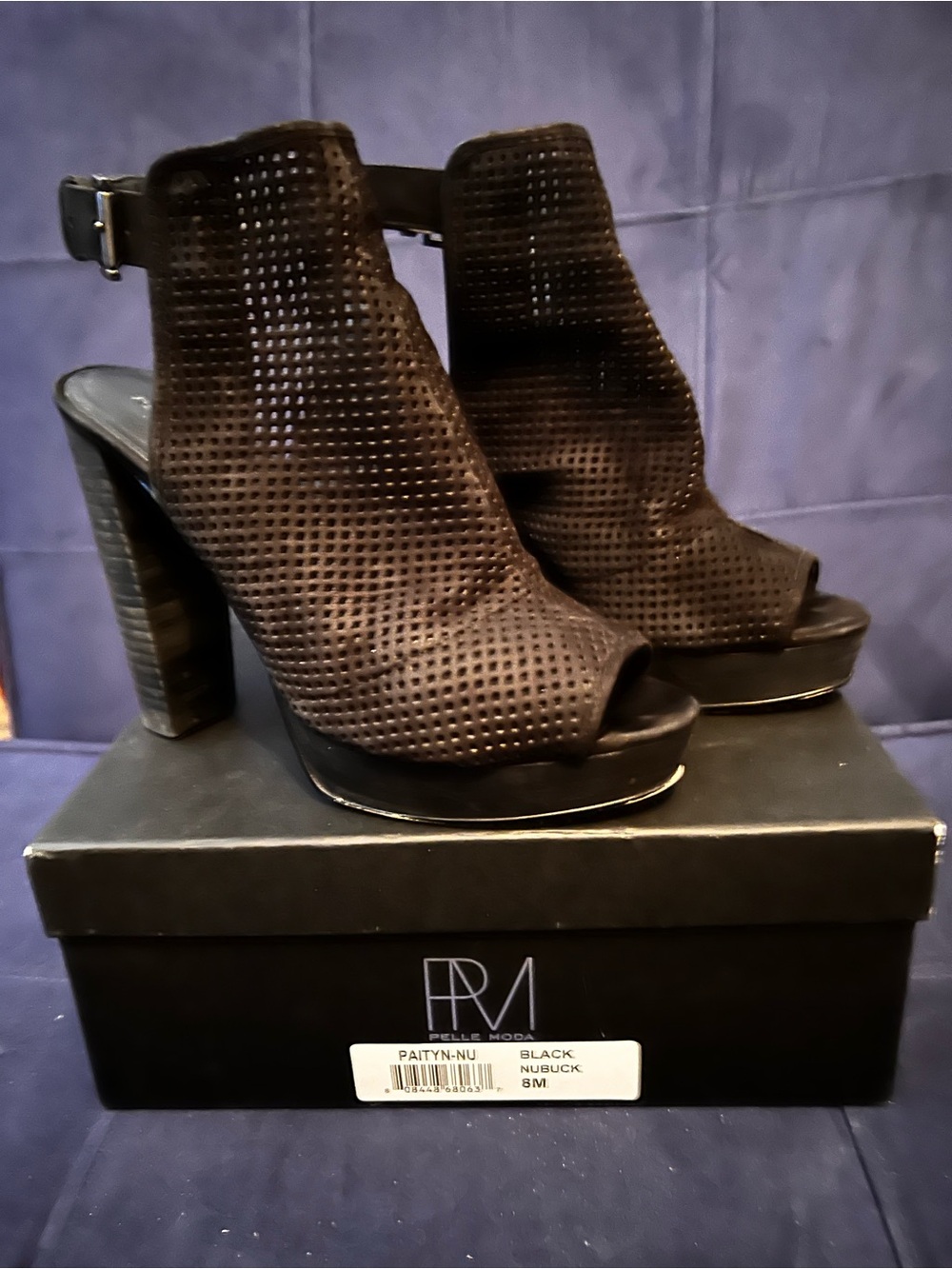 Pelle Moda Black Perforated Peep-Toe Ankle Strap Heels